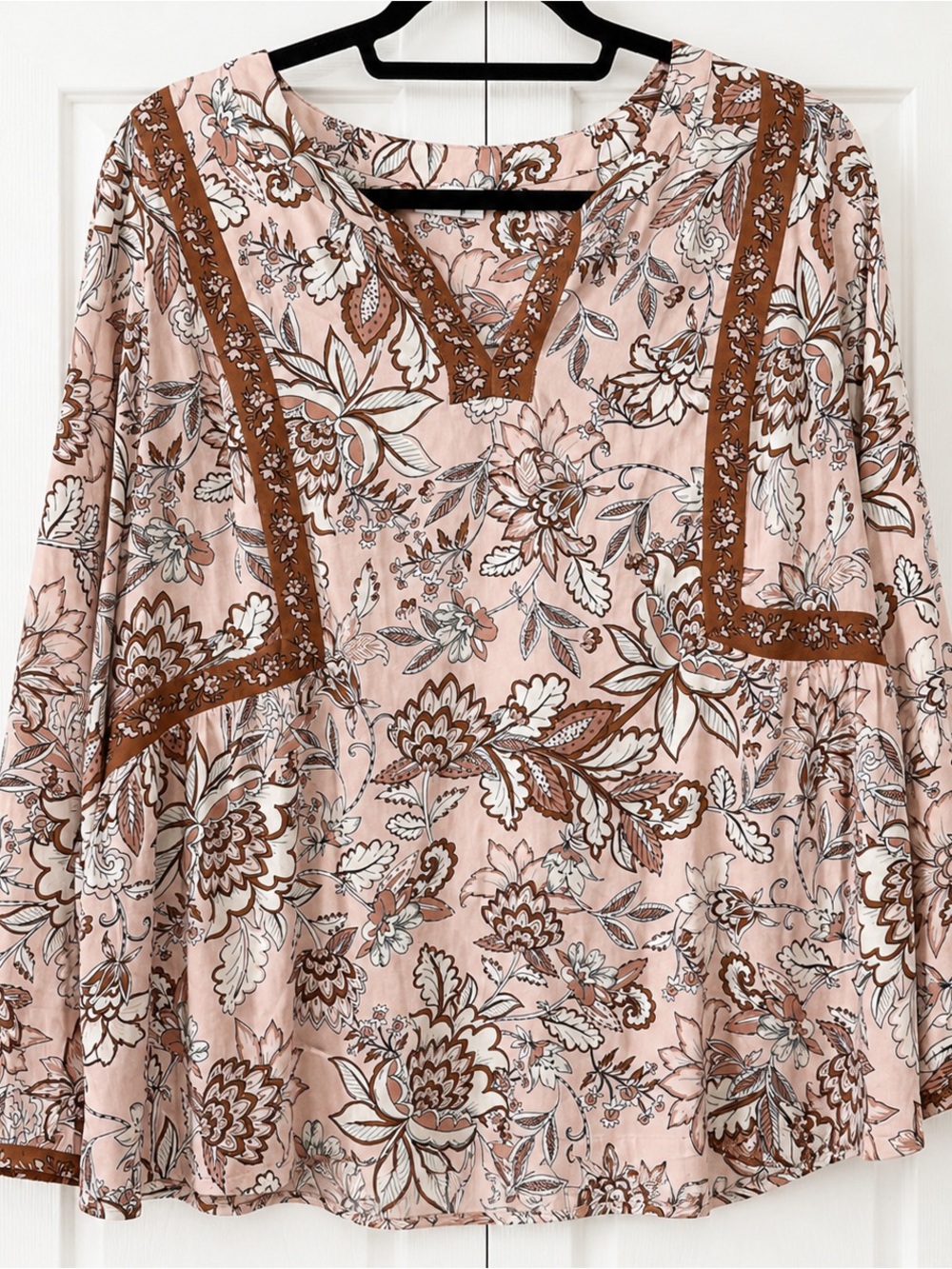 J. Jill Petite Large Floral Boho Blouse Pink Brown 3/4 Sleeve